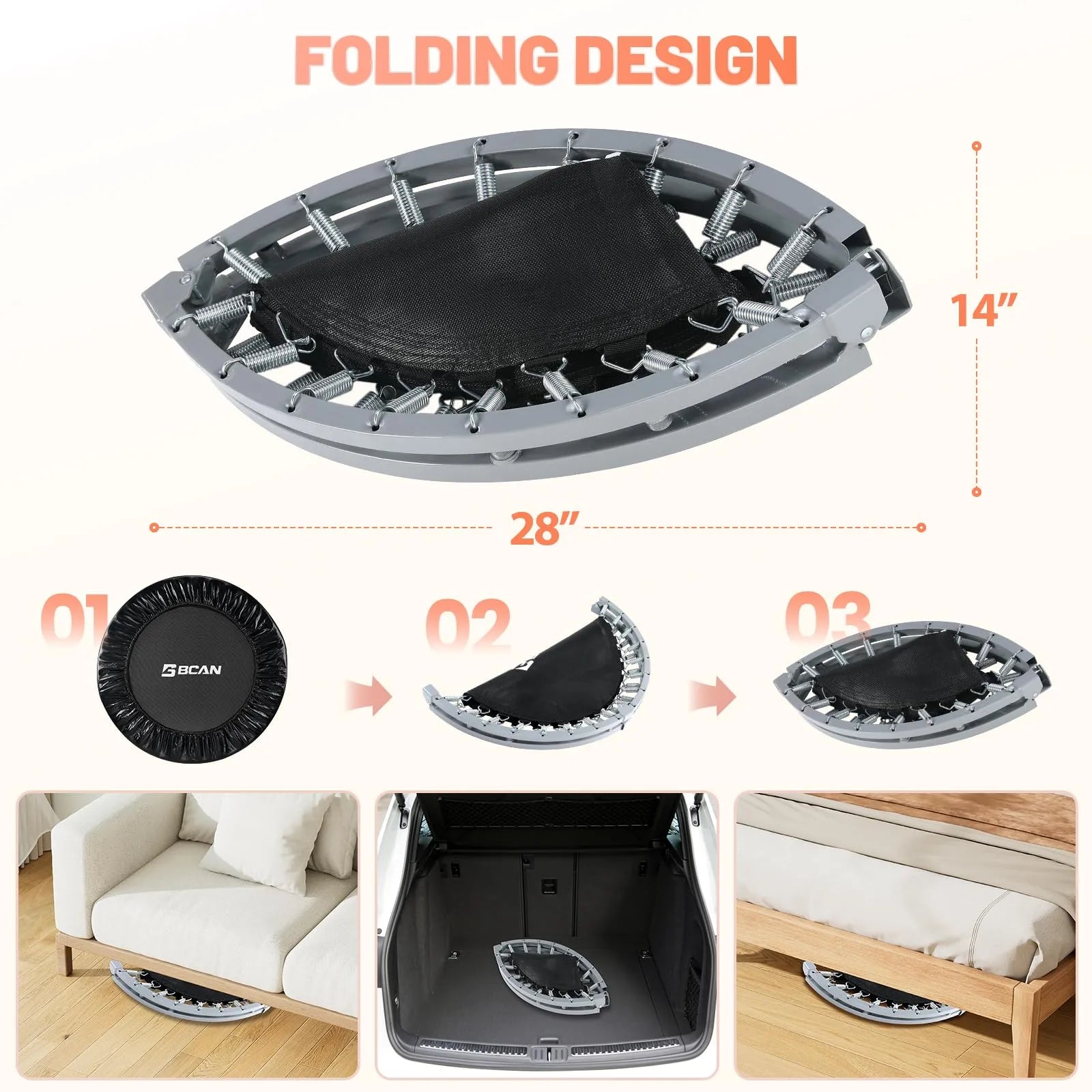 Folding trampoline with dimensions and usage scenarios on a white background