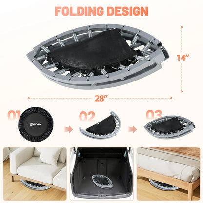 Folding trampoline with dimensions and usage scenarios on a white background