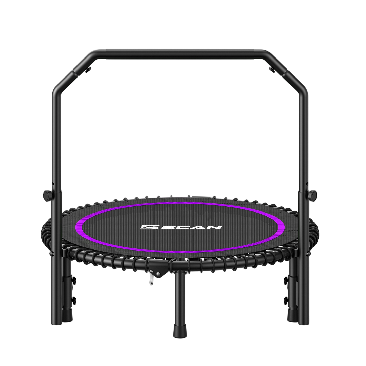 Black and purple trampoline with 'BCAN' branding on a white background
