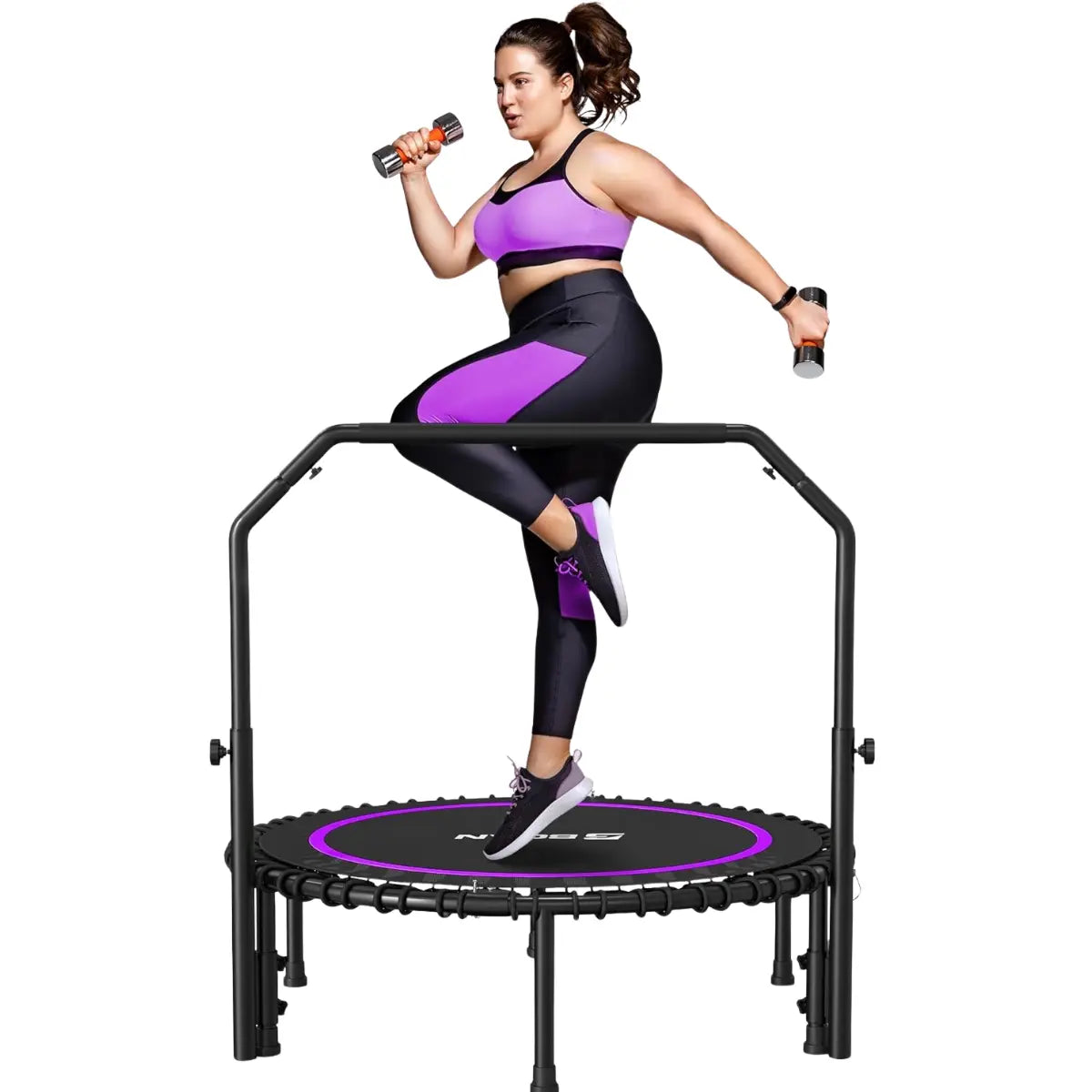 A curvy woman exercises on a mini trampoline