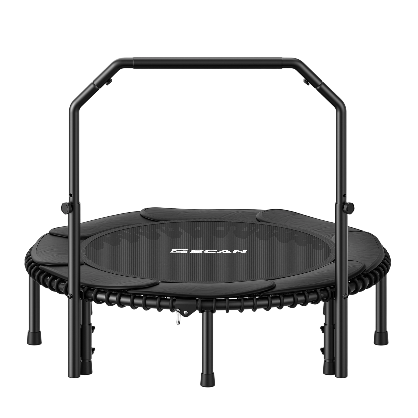 Black trampoline with handle on a white background
