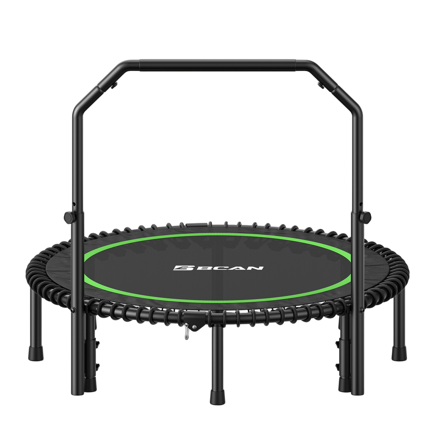 Black and green trampoline with 'BCAN' branding on a white background