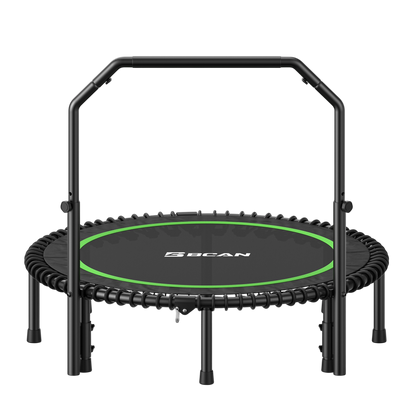 Black and green trampoline with 'BCAN' branding on a white background