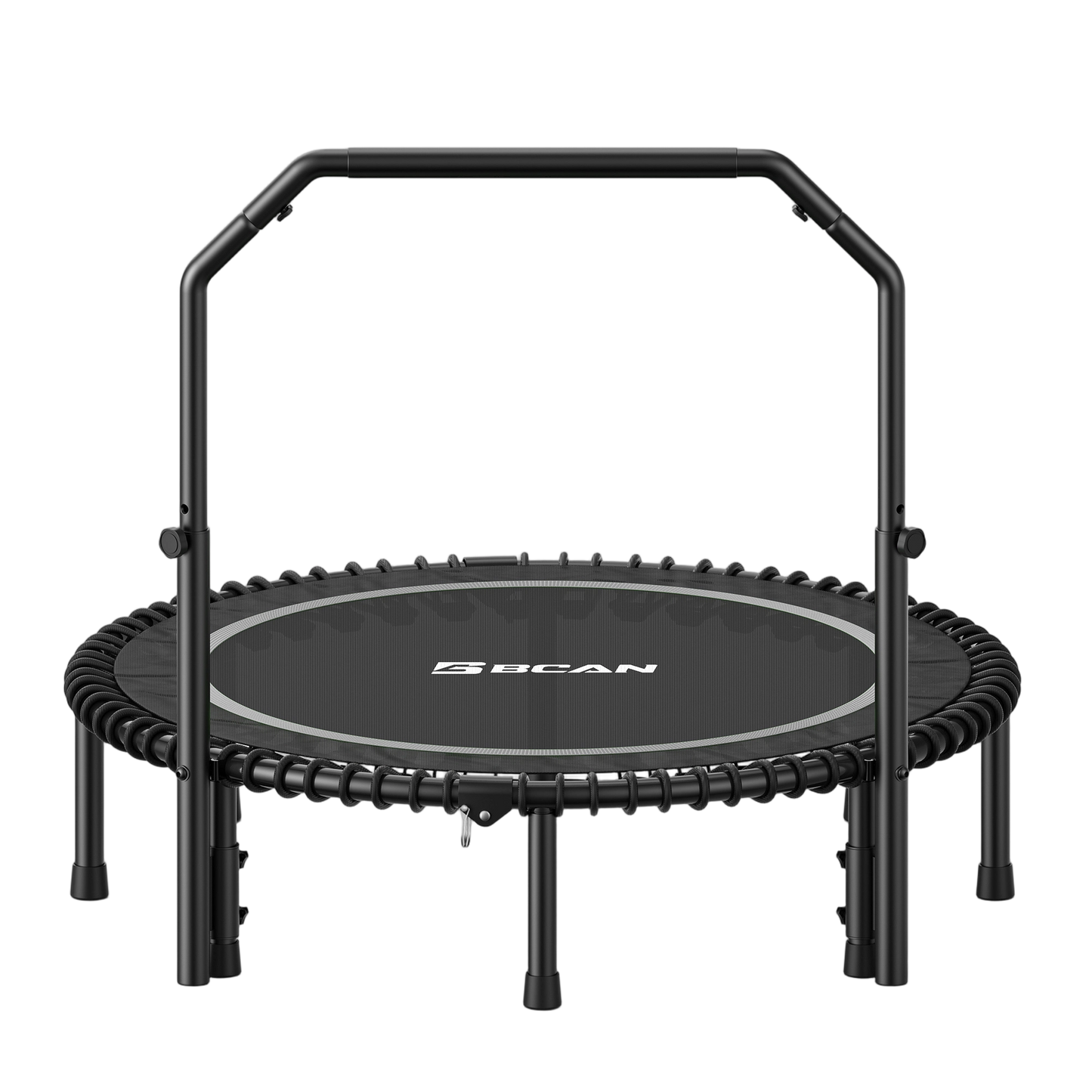 Black and green trampoline with 'BCAN' branding on a white background