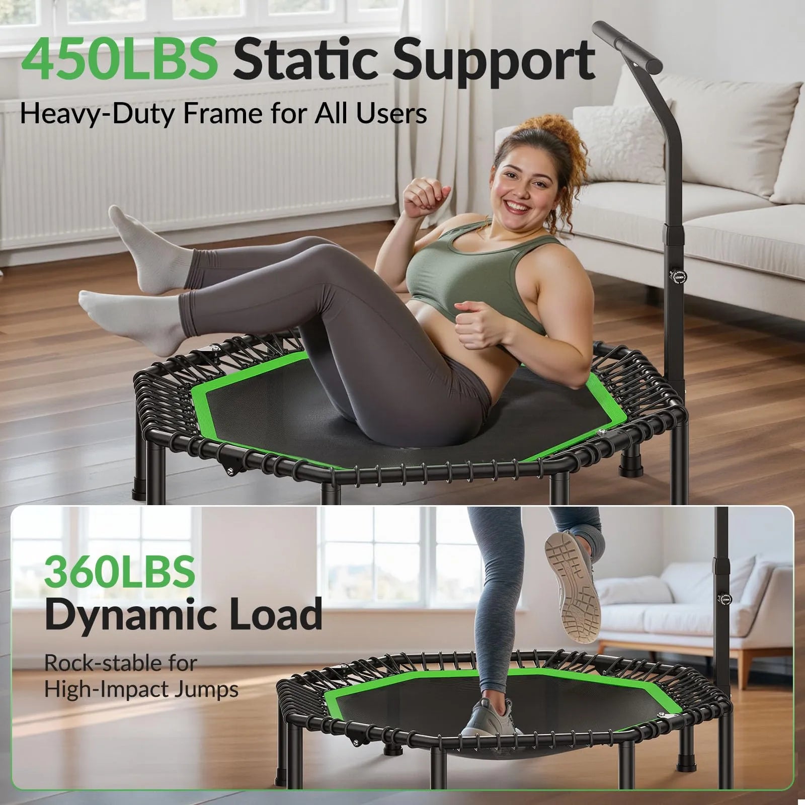 Woman exercising on a trampoline with text highlighting weight support and dynamic load capacity.