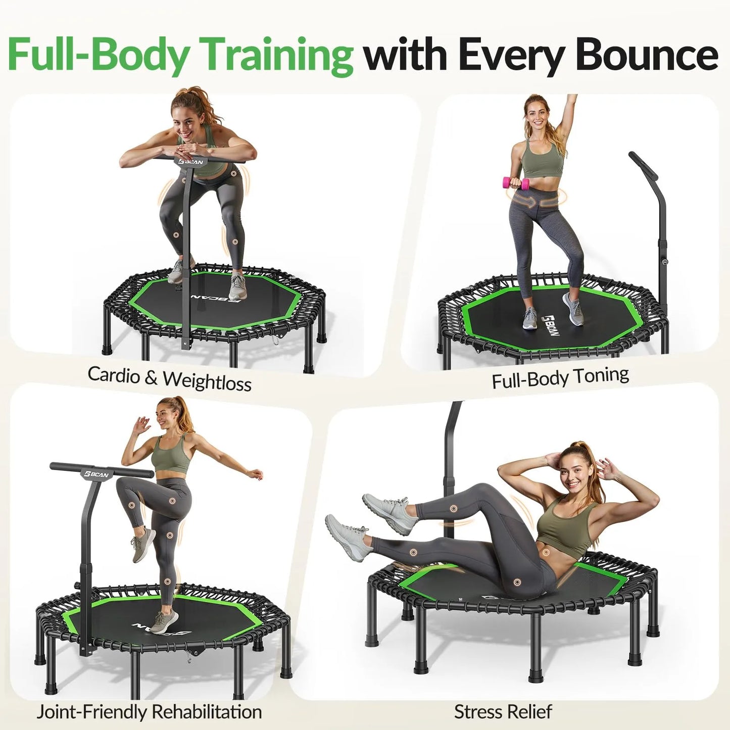 Rebounder with text highlighting various fitness benefits on a white background