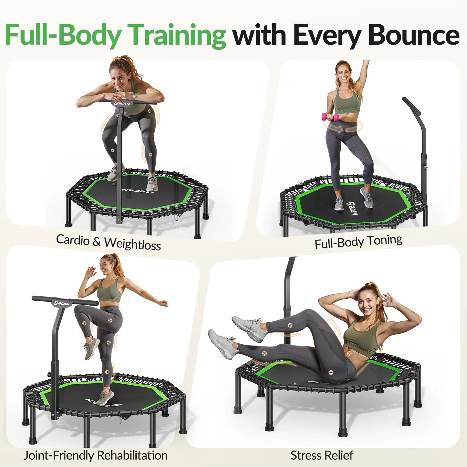 Rebounder with text highlighting various fitness benefits on a white background
