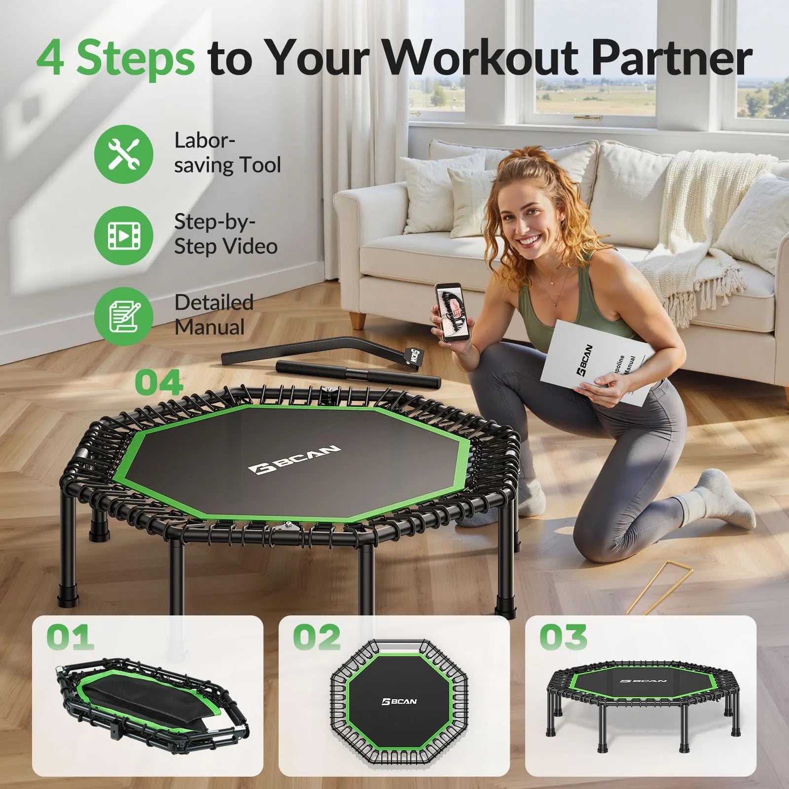 Woman with a Reformer fitness machine in a living room setting, promotional image for workout equipment.