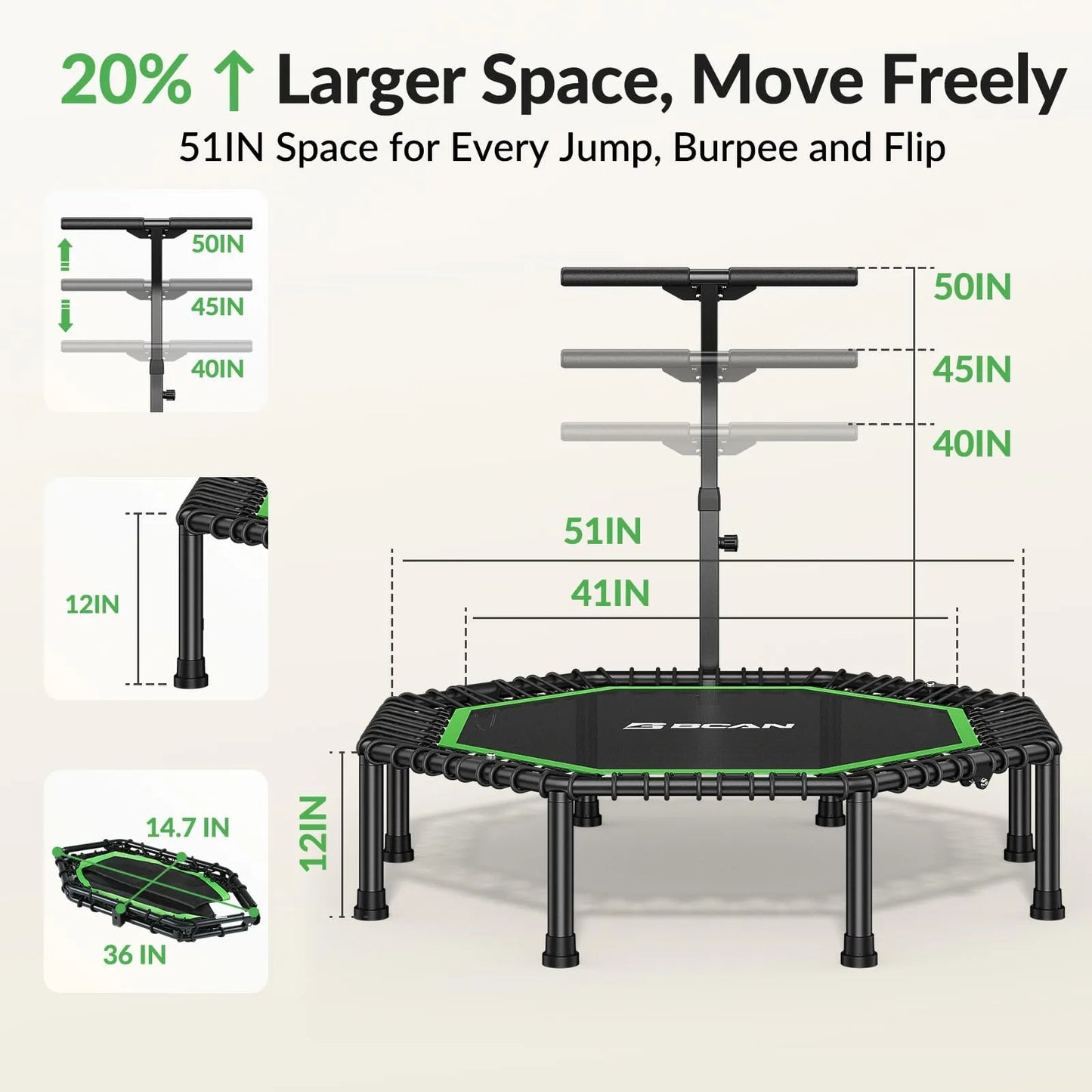Rebounder with dimensions and space benefits on a white background
