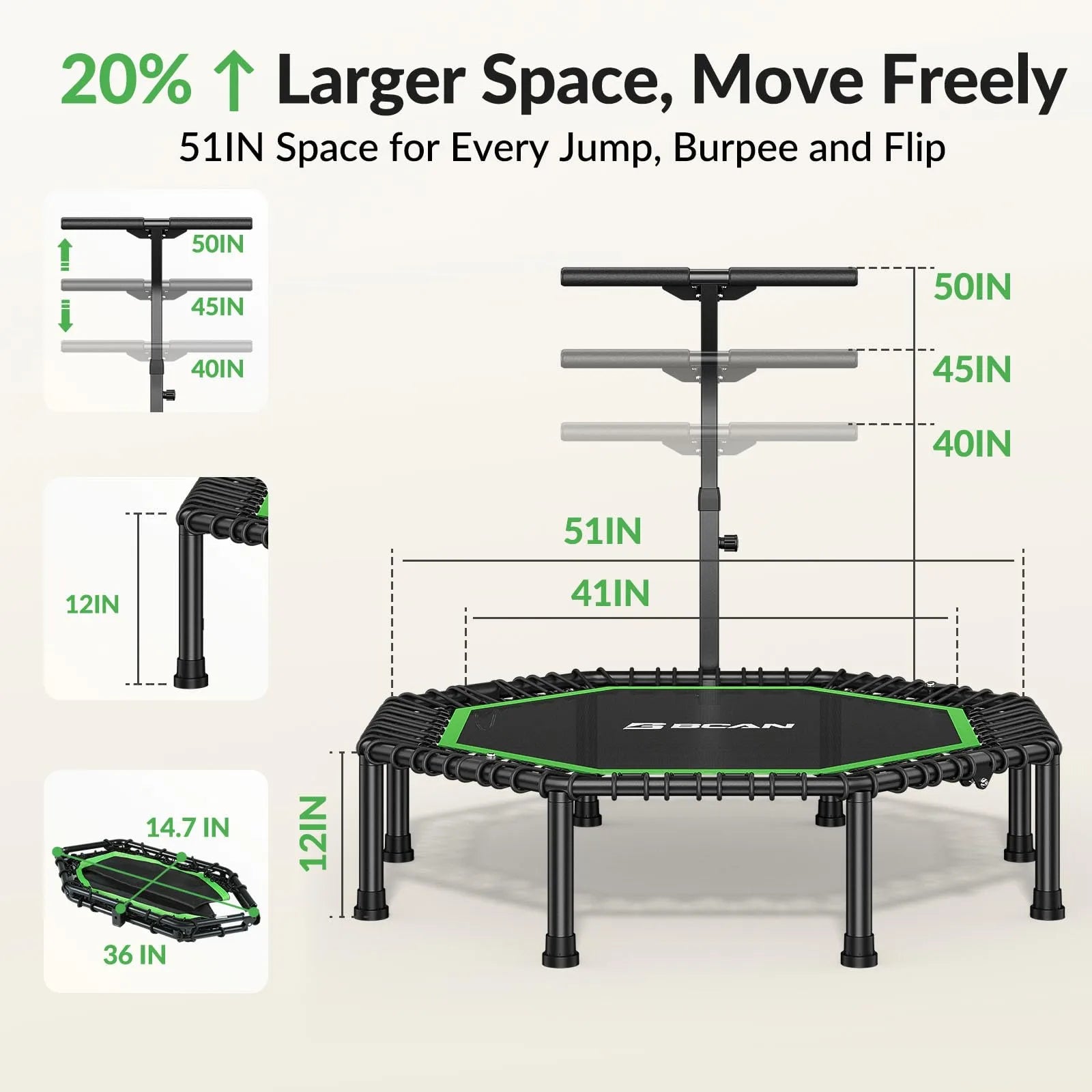 Rebounder with dimensions and space benefits on a white background