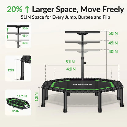 Rebounder with dimensions and space benefits on a white background