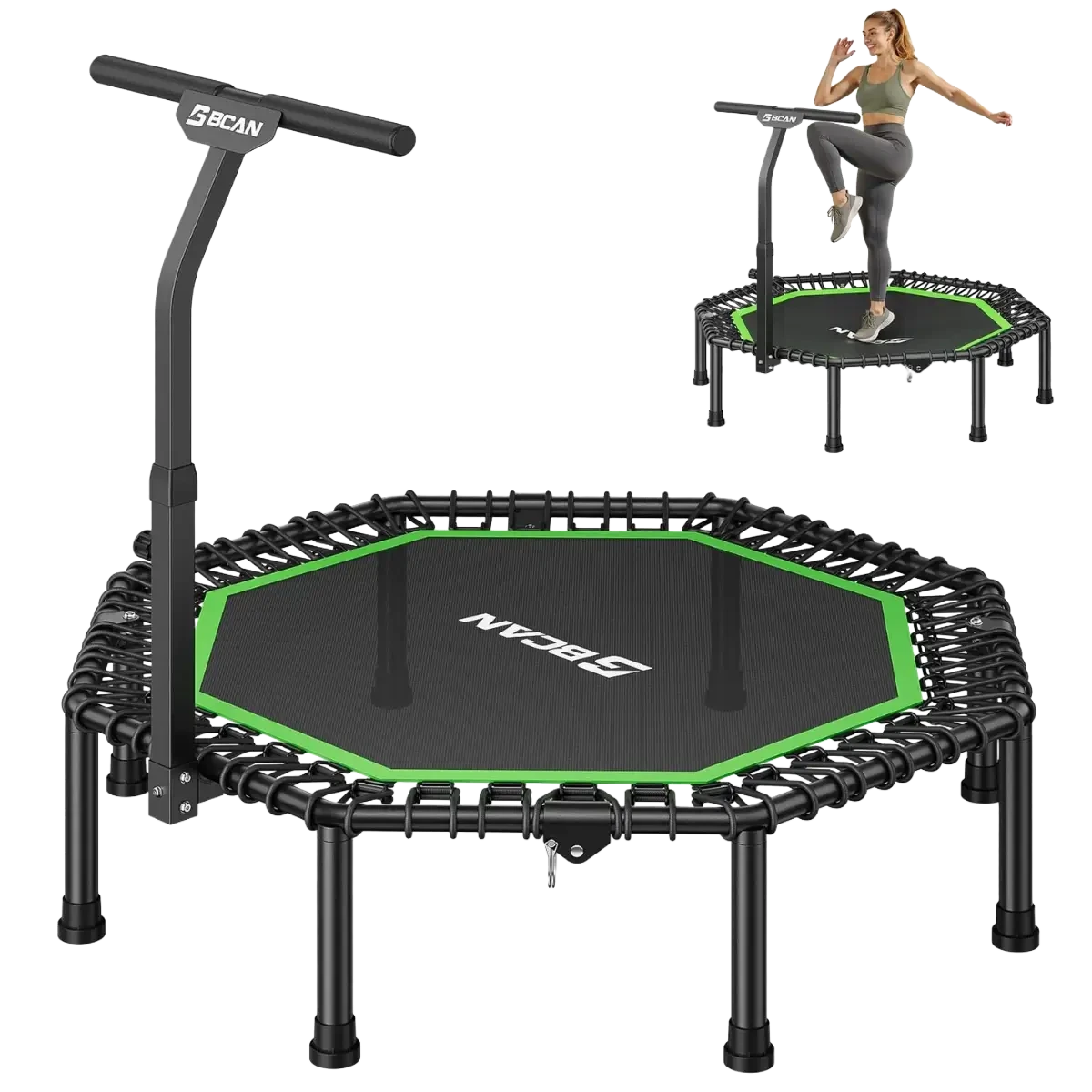 Recreational trampoline with handlebar and branding on a white background