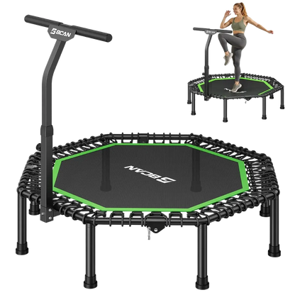 Recreational trampoline with handlebar and branding on a white background