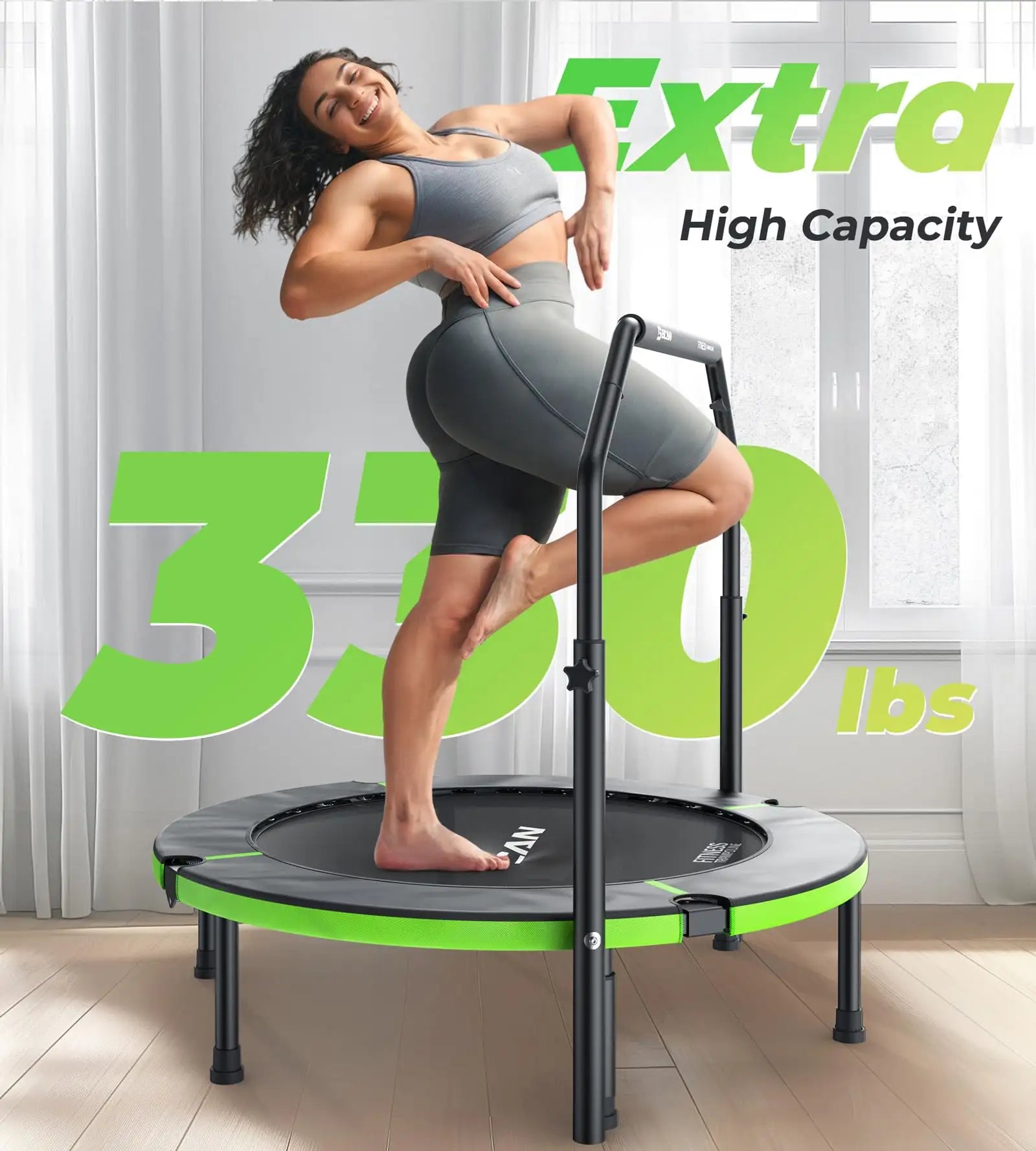 Woman exercising on a trampoline with 'Extra High Capacity' and '350 lbs' text in the background.