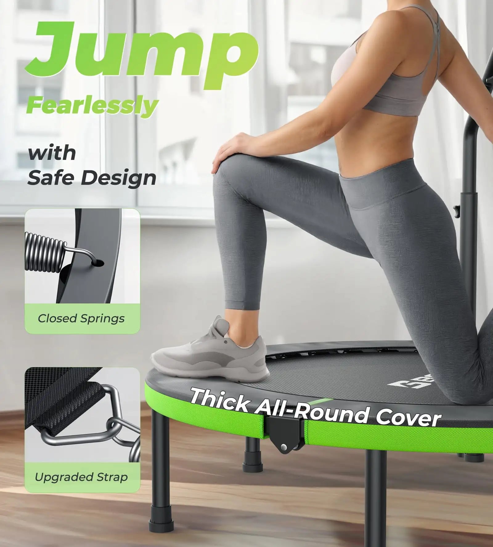 Person using a small trampoline with safety features highlighted on a white background
