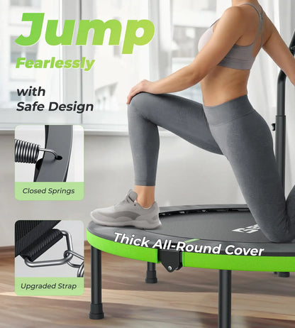 Person using a small trampoline with safety features highlighted on a white background