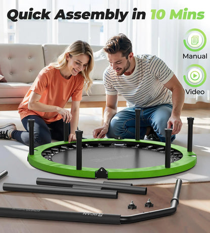 Two people assembling a green and black circular object with text indicating quick assembly in 10 minutes.