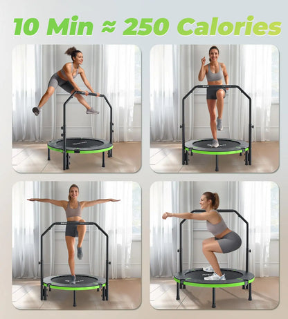 Woman exercising on a trampoline with text indicating calorie burn.