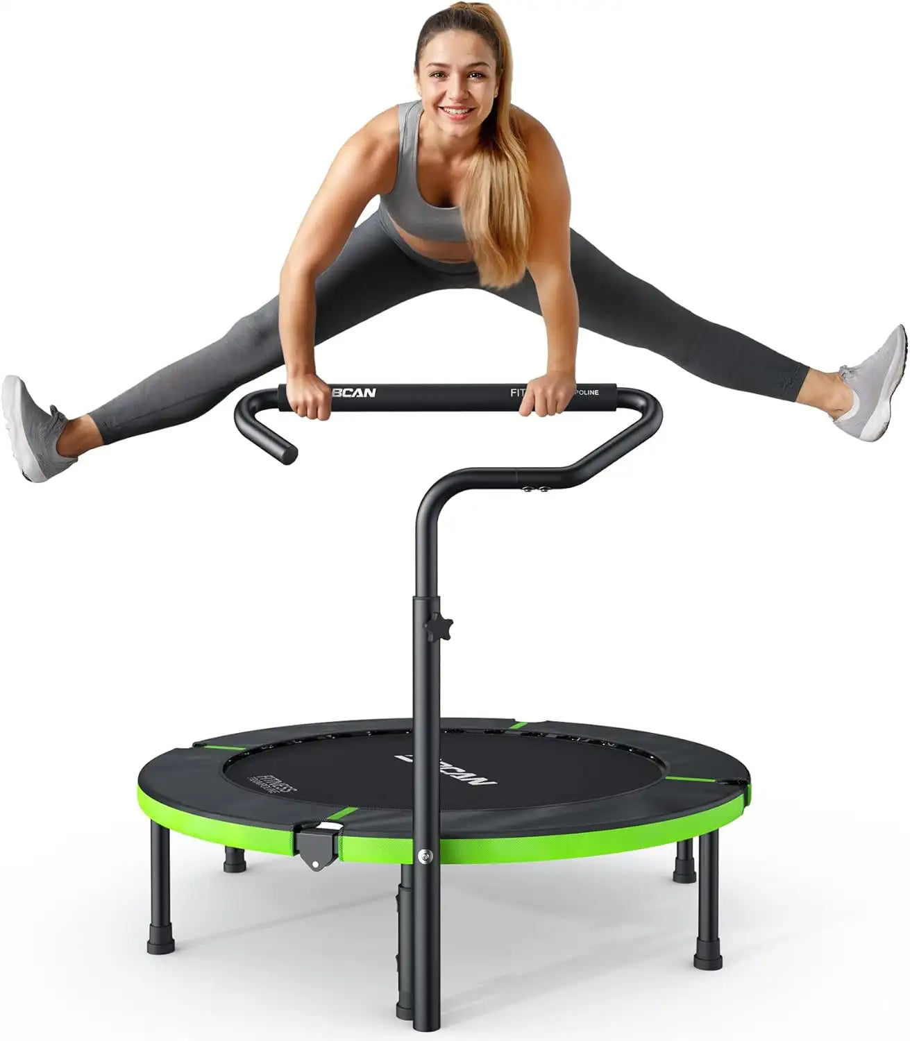 A woman exercises on a mini trampoline