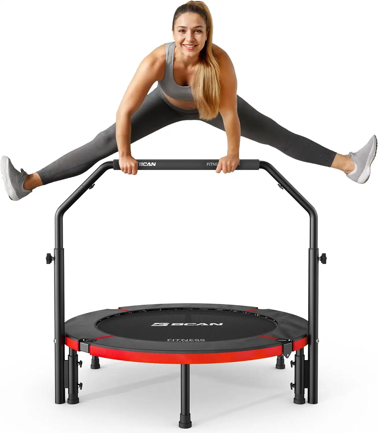 A woman exercises on a mini trampoline