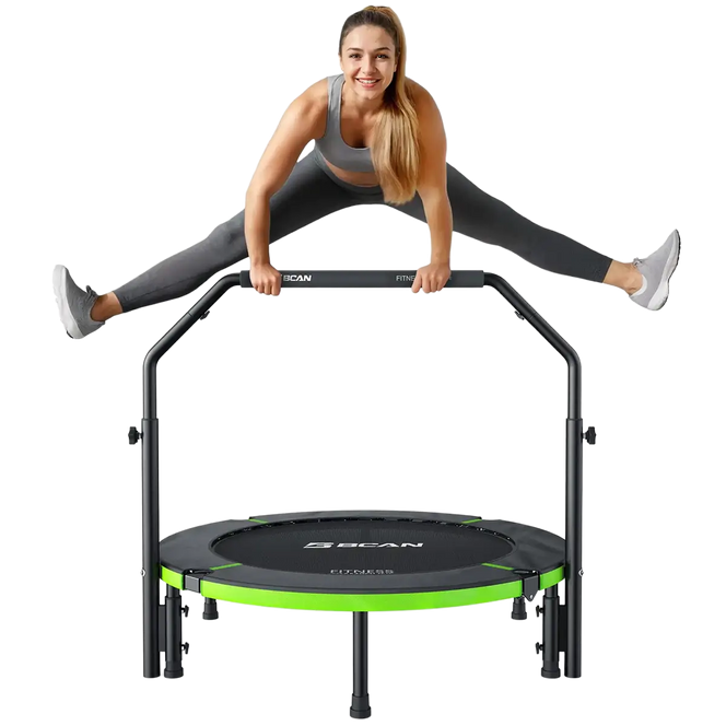 A woman exercises on a mini trampoline