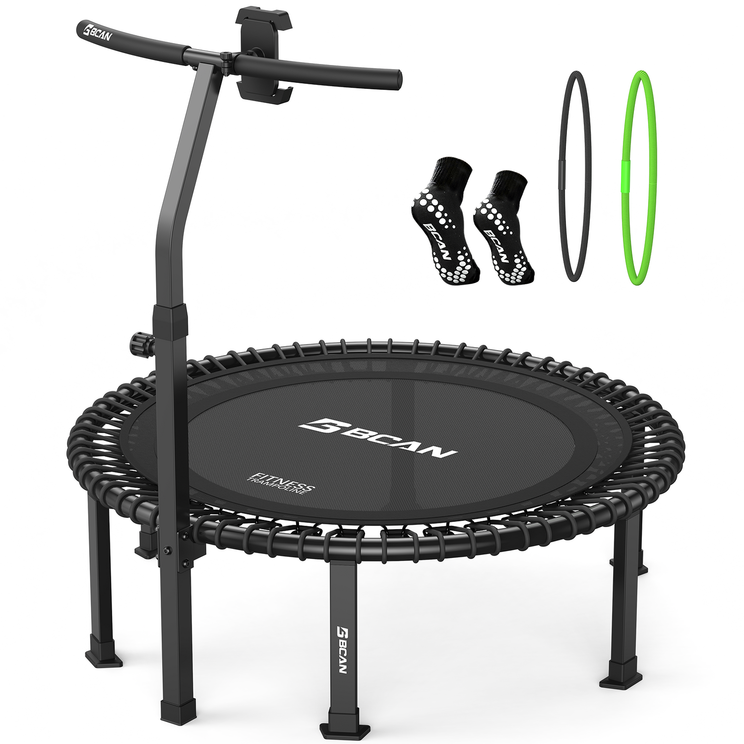 Black rebounder with handle on a white background