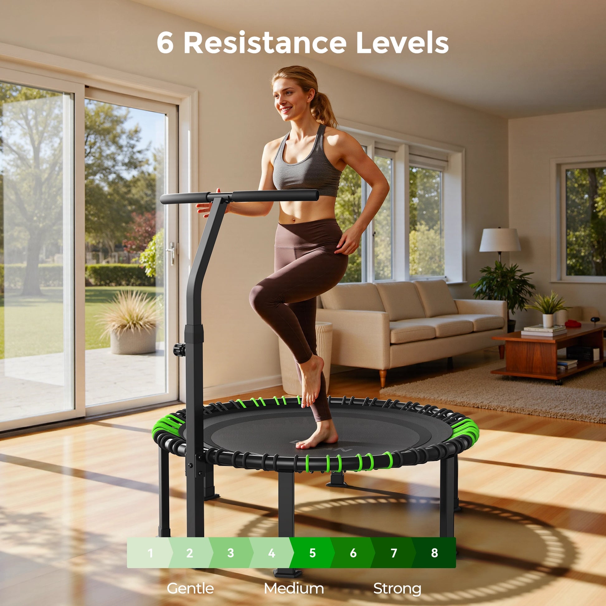 A female exerciser works out on a FED Fitness Bcan BT4 mini trampoline