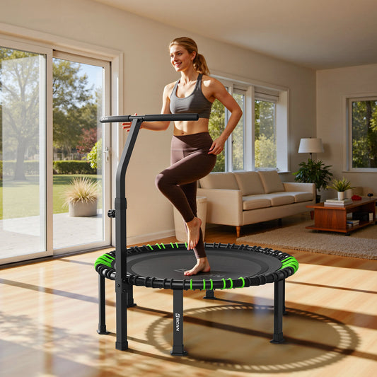 A female exerciser works out on a FED Fitness Bcan BT4 mini trampoline