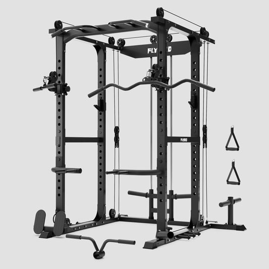 Black gym power rack with attached accessories on a light gray background