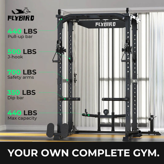 Flybird gym power rack with capacity details on a gray background