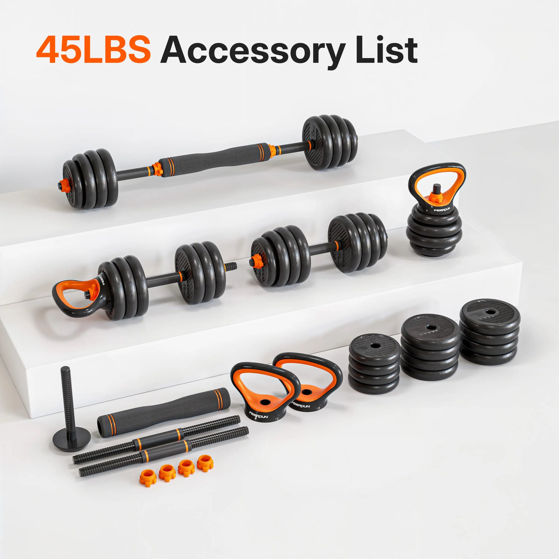 45 lbs adjustable dumbbells, kettlebell