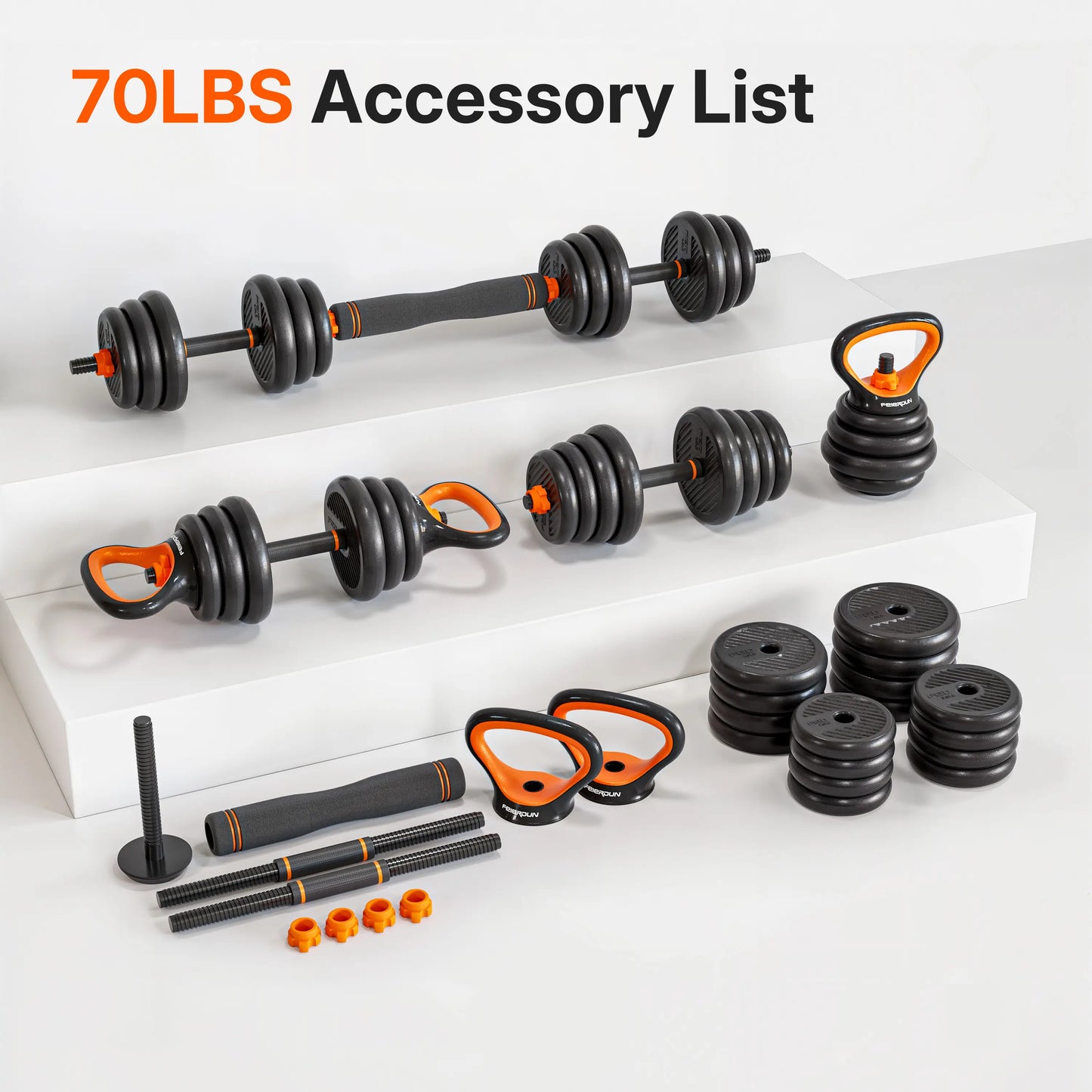 70 lbs adjustable dumbbells, kettlebell