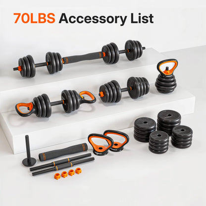 70 lbs adjustable dumbbells, kettlebell