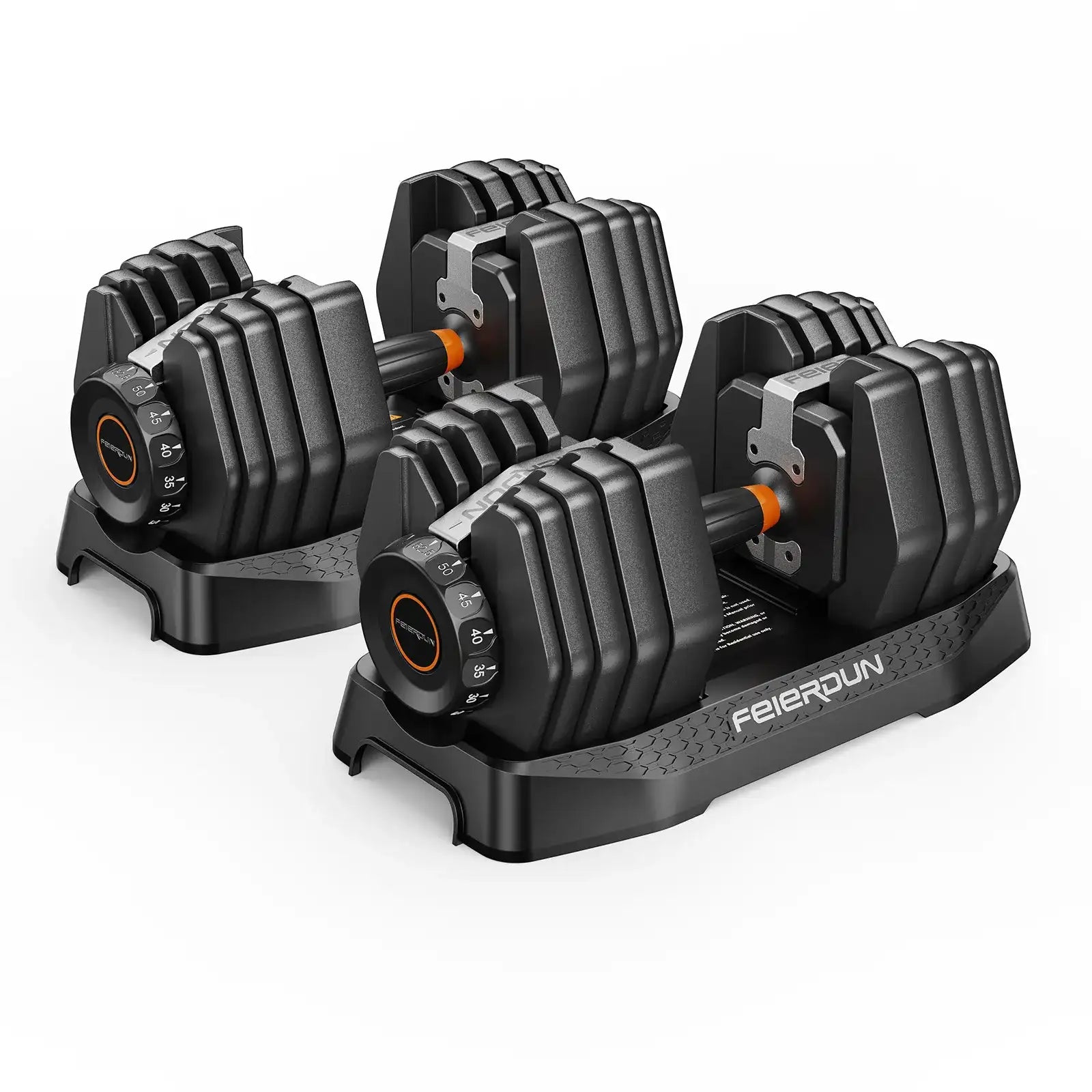 Pair of adjustable dumbbells on a white background with 'Feierdun' branding.