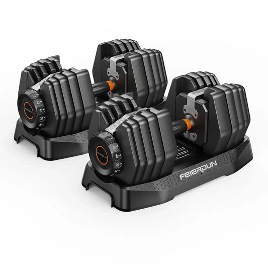 Pair of adjustable dumbbells on a white background with 'Feierdun' branding.