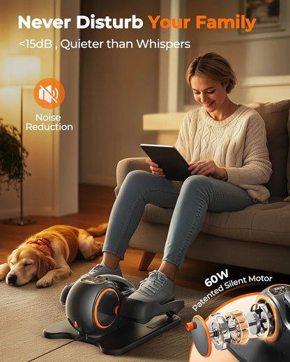 Woman using a noise reduction device in a living room with a dog.