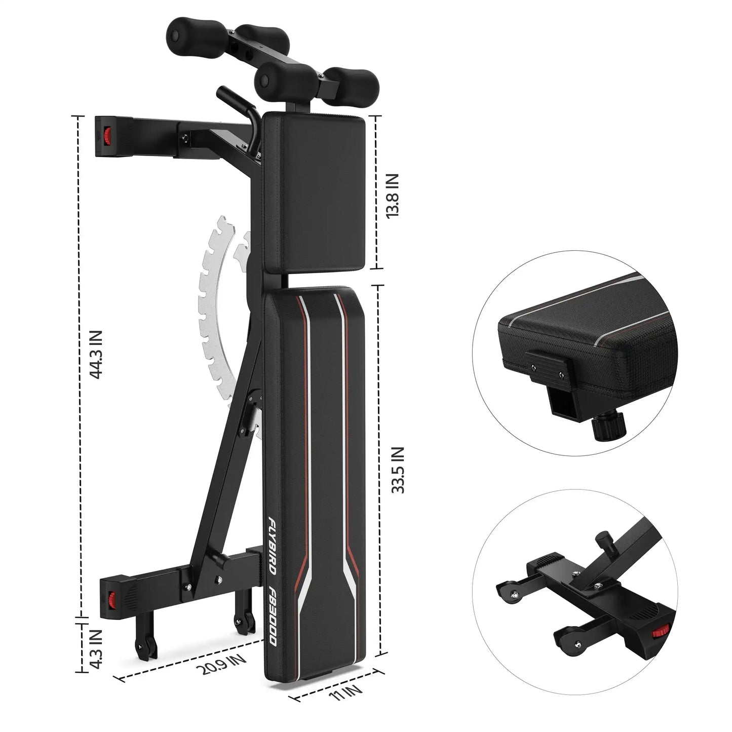 Black gym machine with dimensions on a white background