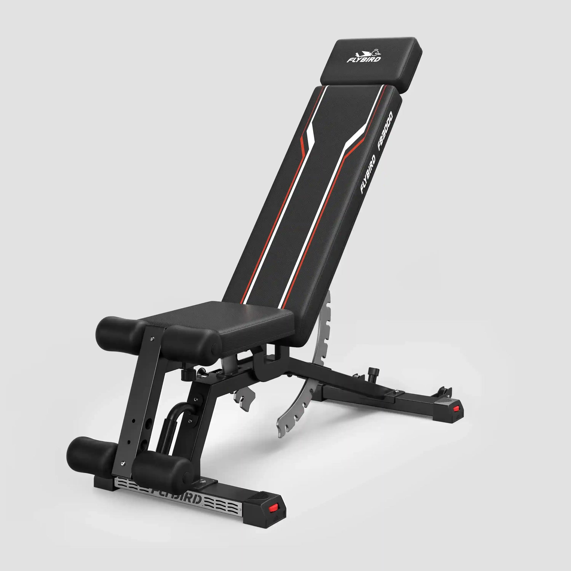 Black adjustable weight bench on a gray background