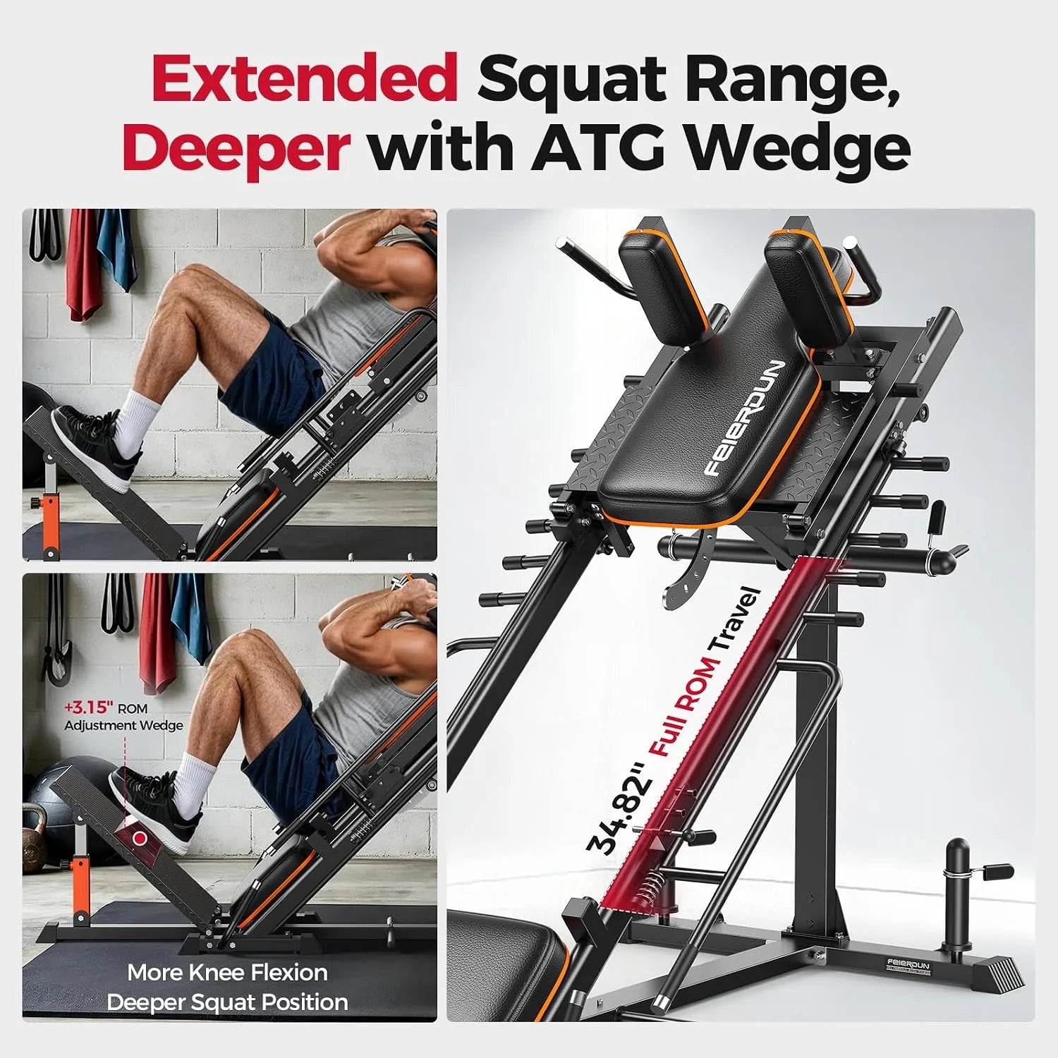ATG full ROM travel squat bench shown in a studio-style product layout with two inset lifestyle photos of a person using the machine. Large text at the top reads 'Extended Squat Range, Deeper with ATG Wedge.