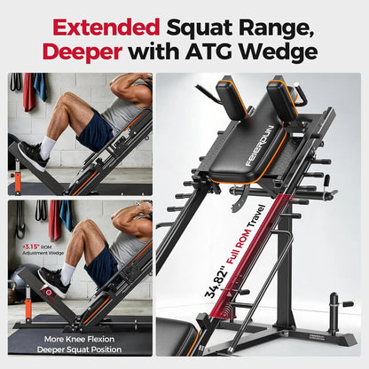 ATG full ROM travel squat bench shown in a studio-style product layout with two inset lifestyle photos of a person using the machine. Large text at the top reads 'Extended Squat Range, Deeper with ATG Wedge.