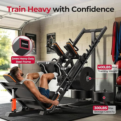 A man using a leg extension gym machine in a garage setting, with text callouts highlighting 2mm steel frame, 400LBS max training weight, and 300LBS max storage capacity.