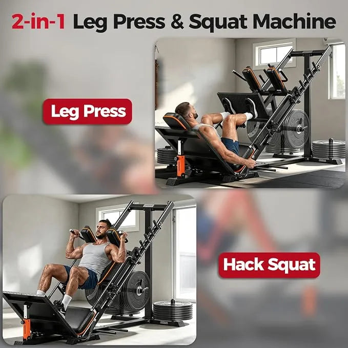 A 2-in-1 leg press and squat machine shown in two usage panels, with a man performing leg presses and another panel showing the squat attachment. 