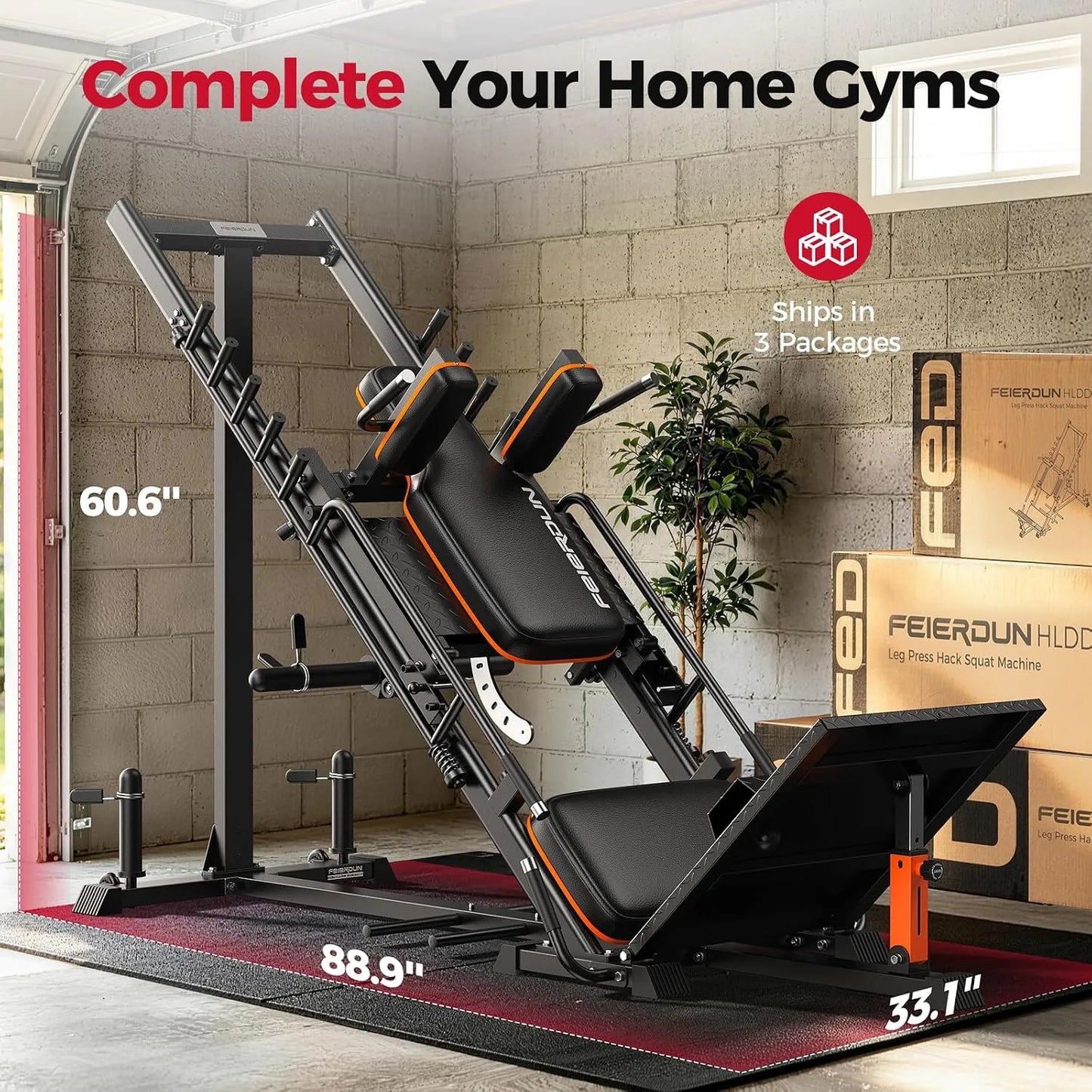 A black and orange home gym leg extension machine shown in a garage-like setting with dimension labels (60.6", 88.