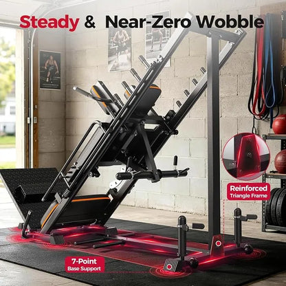 A black and orange multi-functional gym weight bench and leg extension machine shown in a garage setting, with text overlays highlighting its features including 'Steady & Near-Zero Wobble', 'Reinforced Triangle Frame', and '7-Point Base Support'.