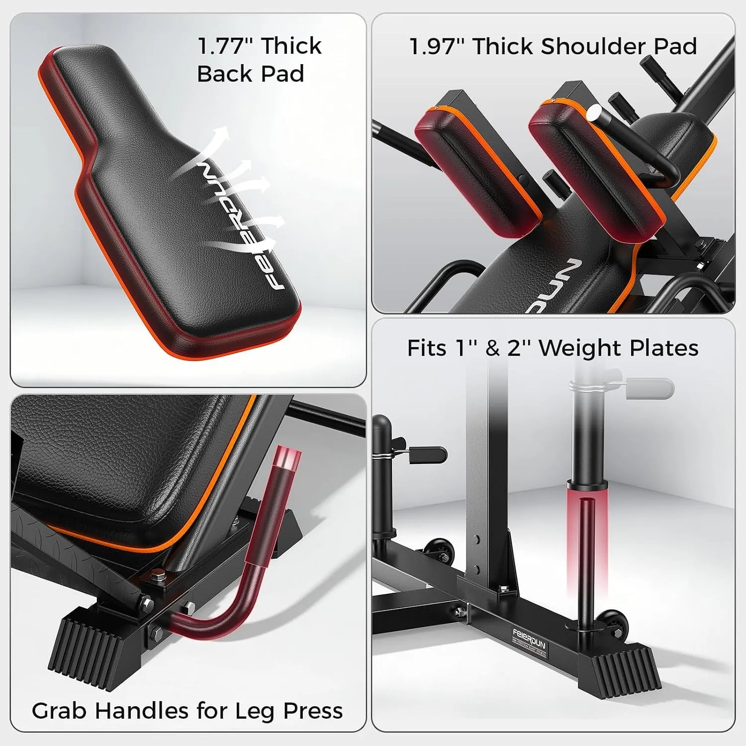 Four-panel feature graphic for a black leg press and bench setup with orange trim. Panels show close-ups of a thick black padded back pad with white text, a thick shoulder pad, grab handles for the leg press, and the frame fitting 1" and 2" weight plates.