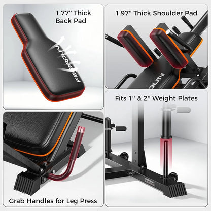 Four-panel feature graphic for a black leg press and bench setup with orange trim. Panels show close-ups of a thick black padded back pad with white text, a thick shoulder pad, grab handles for the leg press, and the frame fitting 1" and 2" weight plates.