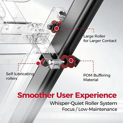 Close-up product diagram of a black metal rail with transparent and red roller components, labeled with callouts such as 'Large Roller for Larger Contact,' 'Self-lubricating rollers,' and 'POM Buffering Material,' plus marketing text about smoother user experience.