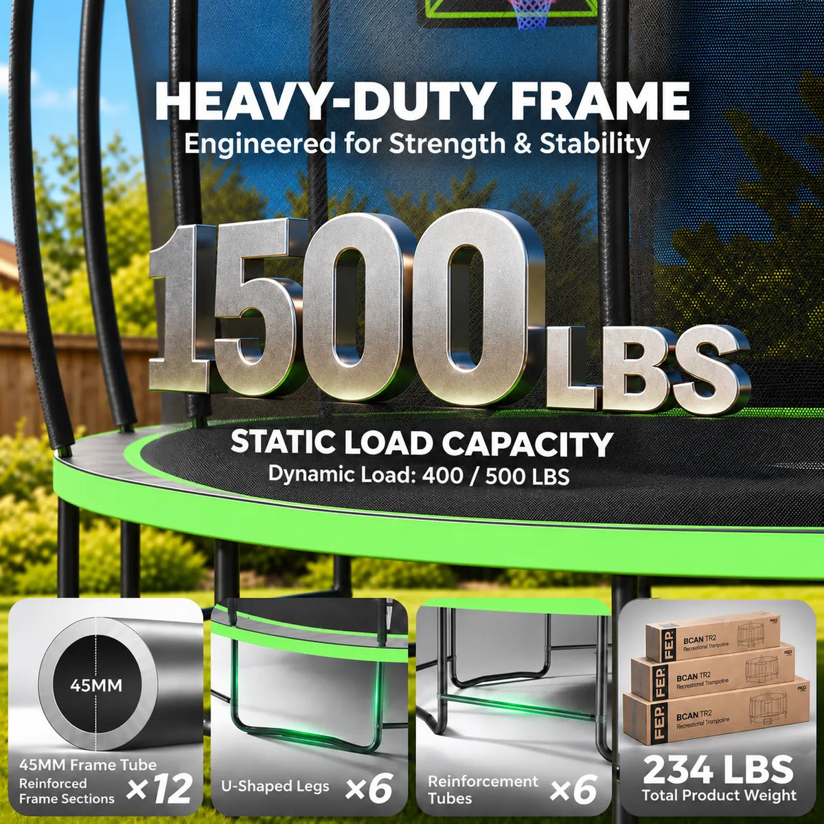 FED Fitness Bcan Series TR2 Heavy-Duty Outdoor Trampoline with Safety Enclosure & Basketball Hoop