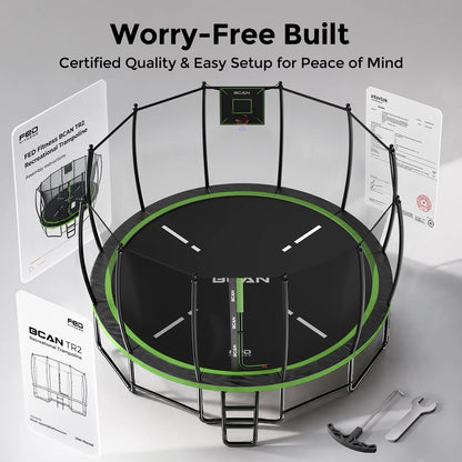 FED Fitness Bcan Series TR2 Heavy-Duty Outdoor Trampoline with Safety Enclosure & Basketball Hoop
