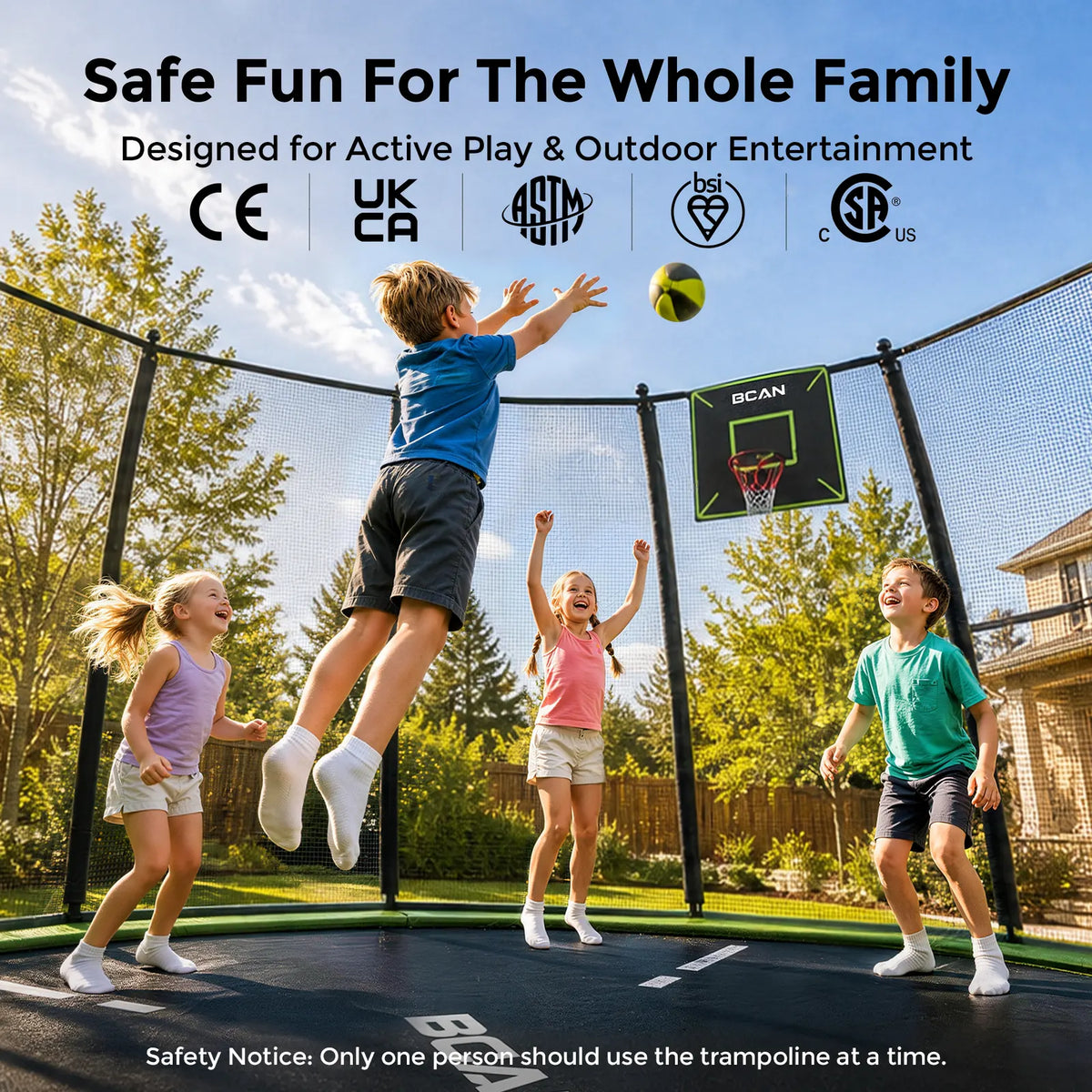 FED Fitness Bcan Series TR2 Heavy-Duty Outdoor Trampoline with Safety Enclosure & Basketball Hoop